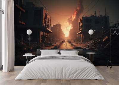 A city street with a fire burning in the distance and buildings on fire in the background cinematic 4k wallpaper a detailed matte painting photorealism Wall mural