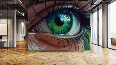 A Close Up Of A Green Eye With Long Eyelashes And A Green Background Marina Photorealism Digital Painting Wall mural