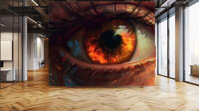 A Close Up Of A Person's Eye With A Bright Orange Iris Volcano Photorealism Painting Generative AI  Wall mural