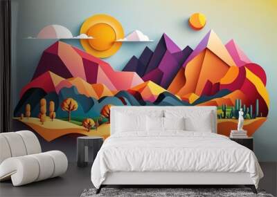 A colorful landscape with mountains and cactus trees in the foreground and a sun in the background colorful flat surreal design art color field Wall mural