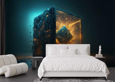 A cube with a glowing cube inside of it on a dark background with a bright light coming from the top a 3d render objective abstraction Digital Art renderer Wall mural