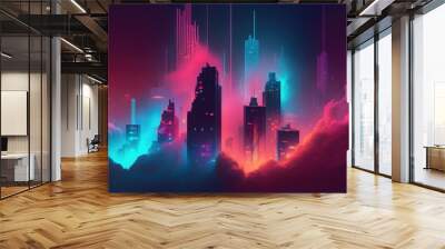 A futuristic city with a neon colored sky and clouds in the background with a pink and blue hue synthwave style cyberpunk art retrofuturism Wall mural