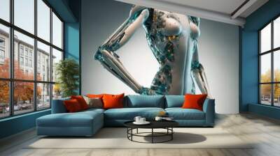 A futuristic woman with a skeleton and arms and legs standing in front of a gray background with a blue light a computer rendering machine intelligence ex machina Wall mural