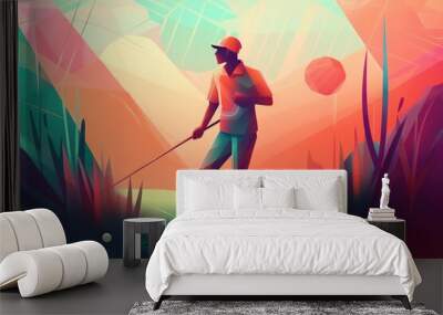 A Man Is Playing Golf In A Colorful Landscape With A Ball Golf Course Color Field Painting Motion Graphics Wall mural