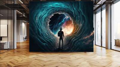 A man standing in a tunnel with a backpack on his back and a sky background sci fi computer graphics psychedelic art Wall mural