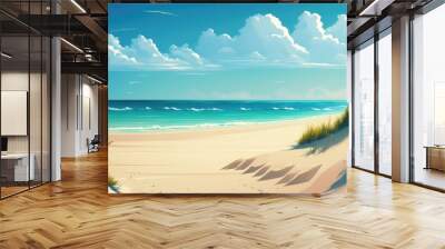 A painting of a beach with grass and the ocean in the background with clouds in the sky beach a matte painting plein air Wall mural