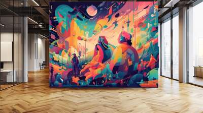 A Painting Of Two People Standing In Front Of A Colorful Background Zoo Animation Motion Graphics Wall mural