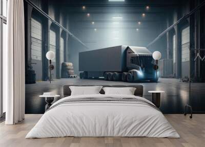 A semi truck is parked in a warehouse with a light on it's side redshift render a digital rendering superflat Wall mural