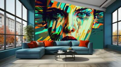 A Woman's Face With Colorful Lines On It And A Green Background Art Museum Fauvism Graphic Desig Wall mural