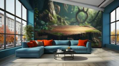 A wooden table surrounded by green plants and trees in a forest with a mossy floor rendered in unreal 5 a detailed matte painting photorealism Wall mural