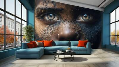 A young boy with black powder on his face and eyes with a black background detailed eyes a photorealistic painting afrofuturism Wall mural