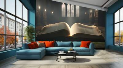 An open book sitting on top of a table in front of a window with candles rendered in unreal 5 a 3d render letterism Wall mural