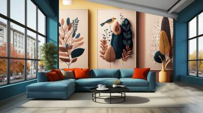 Three paintings of birds and plants on a wall above a table with vases and candles colorful flat surreal design a 3d render generative art Wall mural