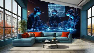 Three People Wearing Virtual Glasses Sitting At A Table With A Projector Workshop Stereoscopic  Generative AI Photography Virtual Reality Wall mural