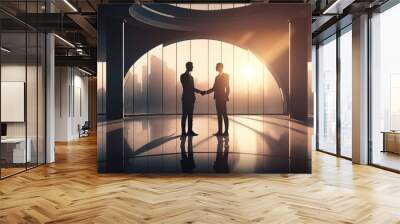 Two businessmen shaking hands in a large room with large windows and a city skyline in the background stock photo a stock photo neoism Wall mural