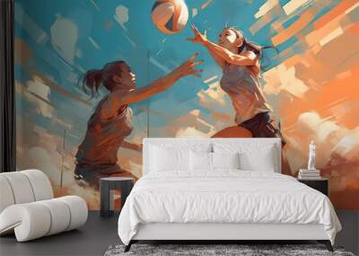 Two Women Playing Volleyball In A Digital Painting Style One Of Them Is Jumping To Catch The Ball Basketball Court Color Field Painting Team Sports Gear Generative AI  Wall mural