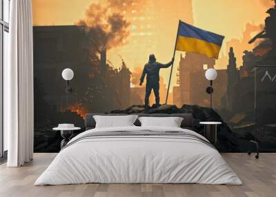 Ukrainian War Civilian Soldier Man Holding Ukraine Flag amid Destruction Devastation Piece Talks Rebuilding Renew Violence Invasion Resistance Concept 3D illustration Wall mural