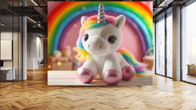 Plush unicorn, rainbow in the background. IA generativa. Wall mural