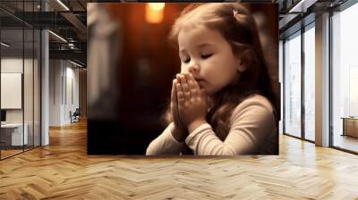 Little girl praying to god in church. Faith in religion and belief in God. Power of hope or love and devotion, Generative AI  Wall mural