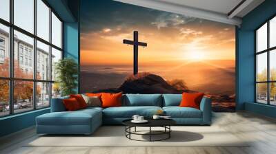 The cross of God in the rays of the sun. Cross on the hill. Religious concept, Generative AI  Wall mural