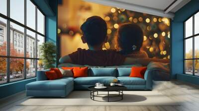 A boy and girl are sitting on a couch in front of a Christmas tree Wall mural