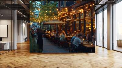 A busy outdoor restaurant with people sitting at tables Wall mural