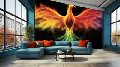 A colorful bird with rainbow feathers is flying in the sky Wall mural