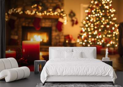 A cozy living room with a Christmas tree and two candles on a table Wall mural