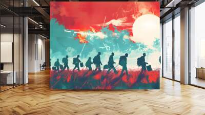 A group of people are walking in a field with a red sun in the background Wall mural