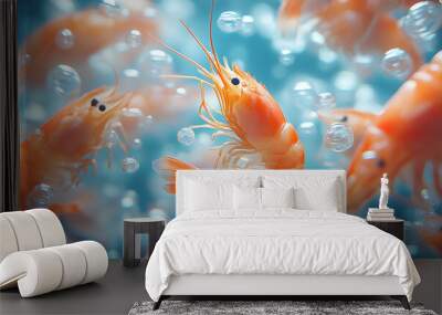 A group of shrimp are swimming in a blue ocean with bubbles Wall mural