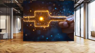 A hand holding a key with a glowing light on it Wall mural