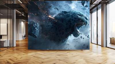 A large blue and white tiger is shown in a fiery explosion Wall mural