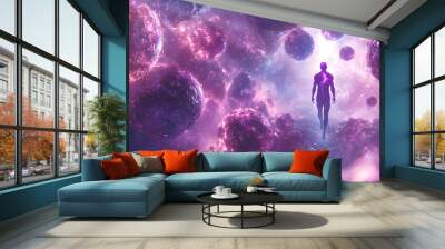 A man is walking through a space filled with purple spheres Wall mural