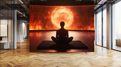 A person is sitting on a mat in front of a large screen that shows a fiery sun Wall mural