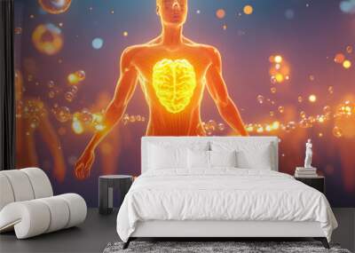 A person with a heart on their chest is surrounded by other people Wall mural