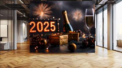 A sign with the number 2025 on it is surrounded by champagne and presents Wall mural