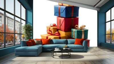 A stack of colorful presents with red bows on top Wall mural