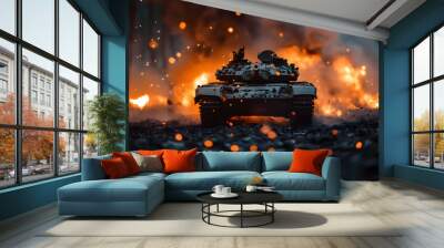 A tank is in the middle of a battlefield with smoke and fire Wall mural