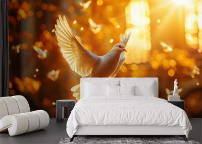 A white dove flying in the sky with a bright orange background Wall mural