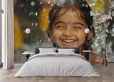 A young girl is standing in a shower with water spraying all over her Wall mural