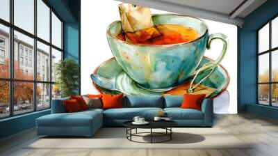 Herbal tea with a tea bag and saucer:8, watercolor, Wall mural