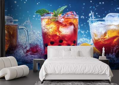 Three drinks with ice and fruit in them are splashing in the water Wall mural