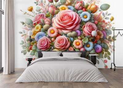 A beautiful bouquet of intricately designed flowers surrounds a luxurious, ornate Easter egg. The composition radiates with colors and intricate details, symbolizing the joy of spring and Easter celeb Wall mural