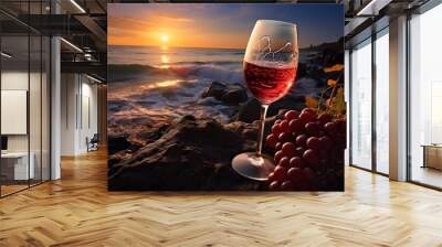 A glass of red wine sits on a sandy beach alongside bunches of grapes, with the ocean waves gently crashing in the background. This scene captures a tranquil and refreshing seaside moment, ideal for u Wall mural