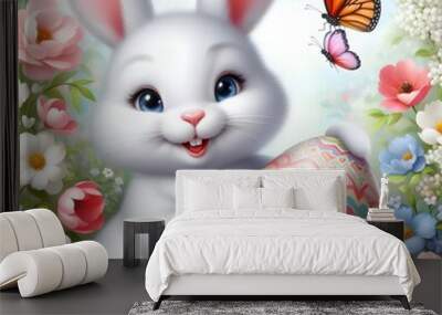 Cute cheerful bunny close-up, smiling broadly and holding a colored egg in his hands, flowers around the butterfly. Easter holiday, a painted egg and a cheerful little rabbit, brightly colorful decora Wall mural