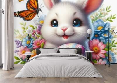 Cute cheerful bunny close-up, smiling broadly and holding a colored egg in his hands, flowers around the butterfly. Easter holiday, a painted egg and a cheerful little rabbit, brightly colorful decora Wall mural