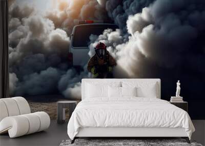 A fireman emerges from a wall of smoke Wall mural