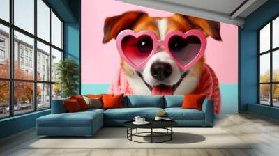 Adorable dog wearing heart shaped glasses on pastel background Wall mural