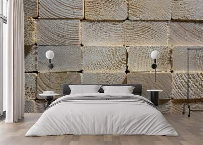 background of a Neat stacked pile of sawn lumber timber showing end grain Wall mural