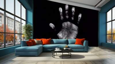 Black palm print isolated on black background. Hand painted with ink or paint Wall mural